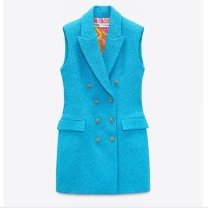 Zara Tweed Textured Turquoise Vest Dress